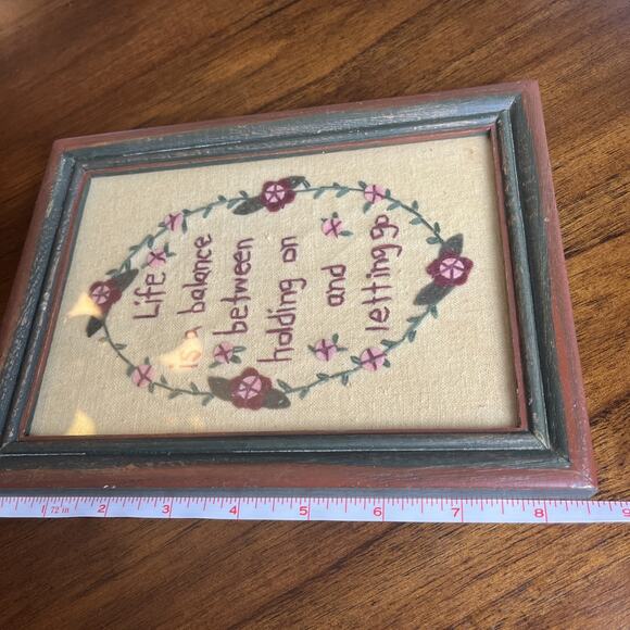 Crewel Embroidery Wood Framed Primitive Sentiment Green & Maroon Wall Art - Picture 6 of 7